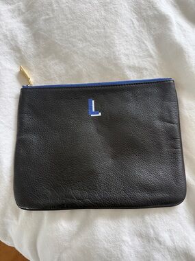 Rebecca Minkoff Black Leather Clutch with Blue Trim and L Monogram